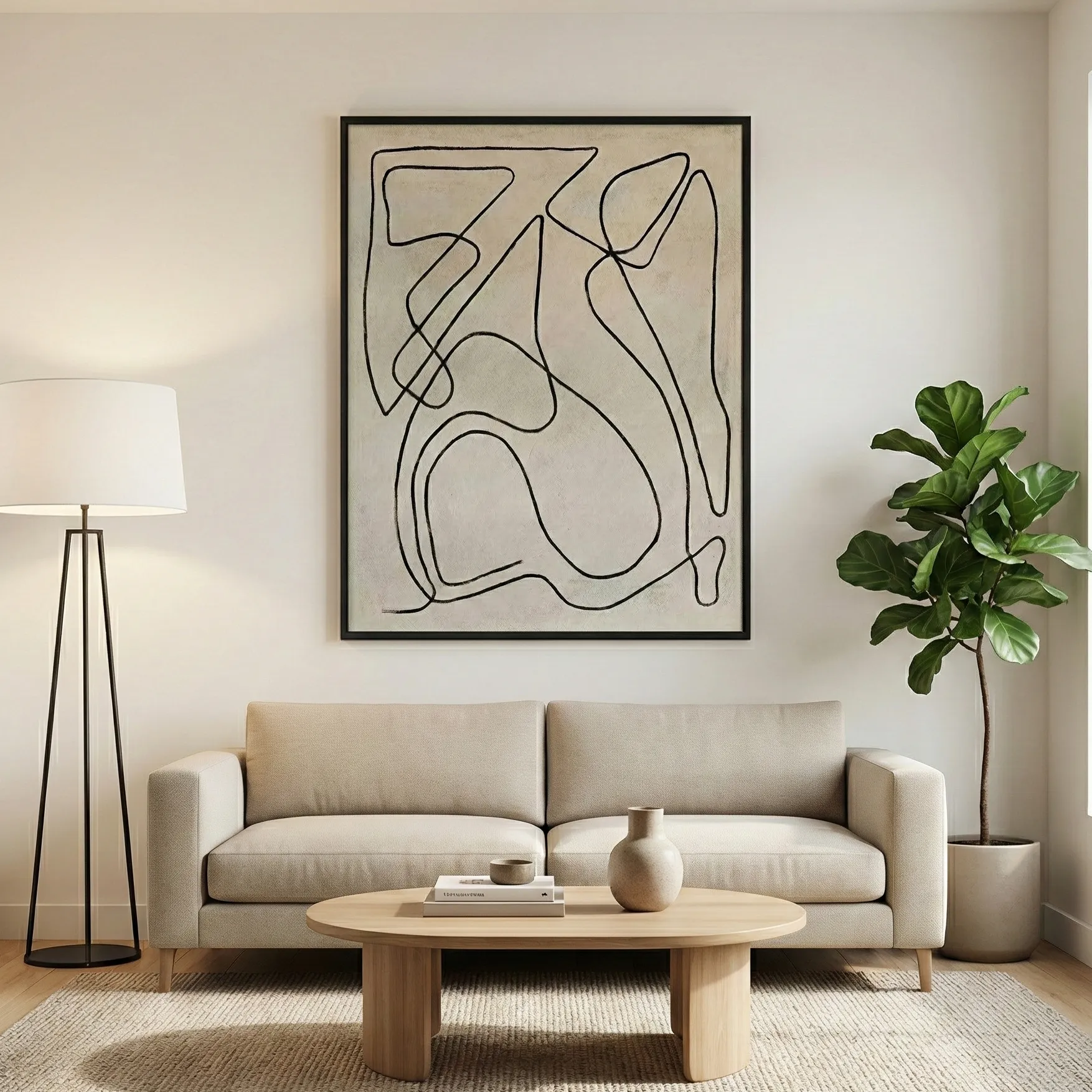 Organic Contour Lines – Neutral Minimal Wall Art (5) Minimalist black ink line drawing on cream hand-painted canvas with gestural abstract forms, contemporary living space