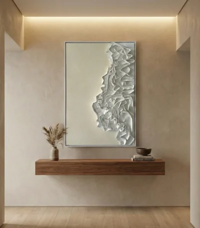 Textured abstract hand-painted canvas with layered white relief forms and subtle grey tones, contemporary entryway