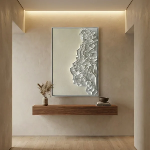 Textured abstract hand-painted canvas with layered white relief forms and subtle grey tones, contemporary entryway