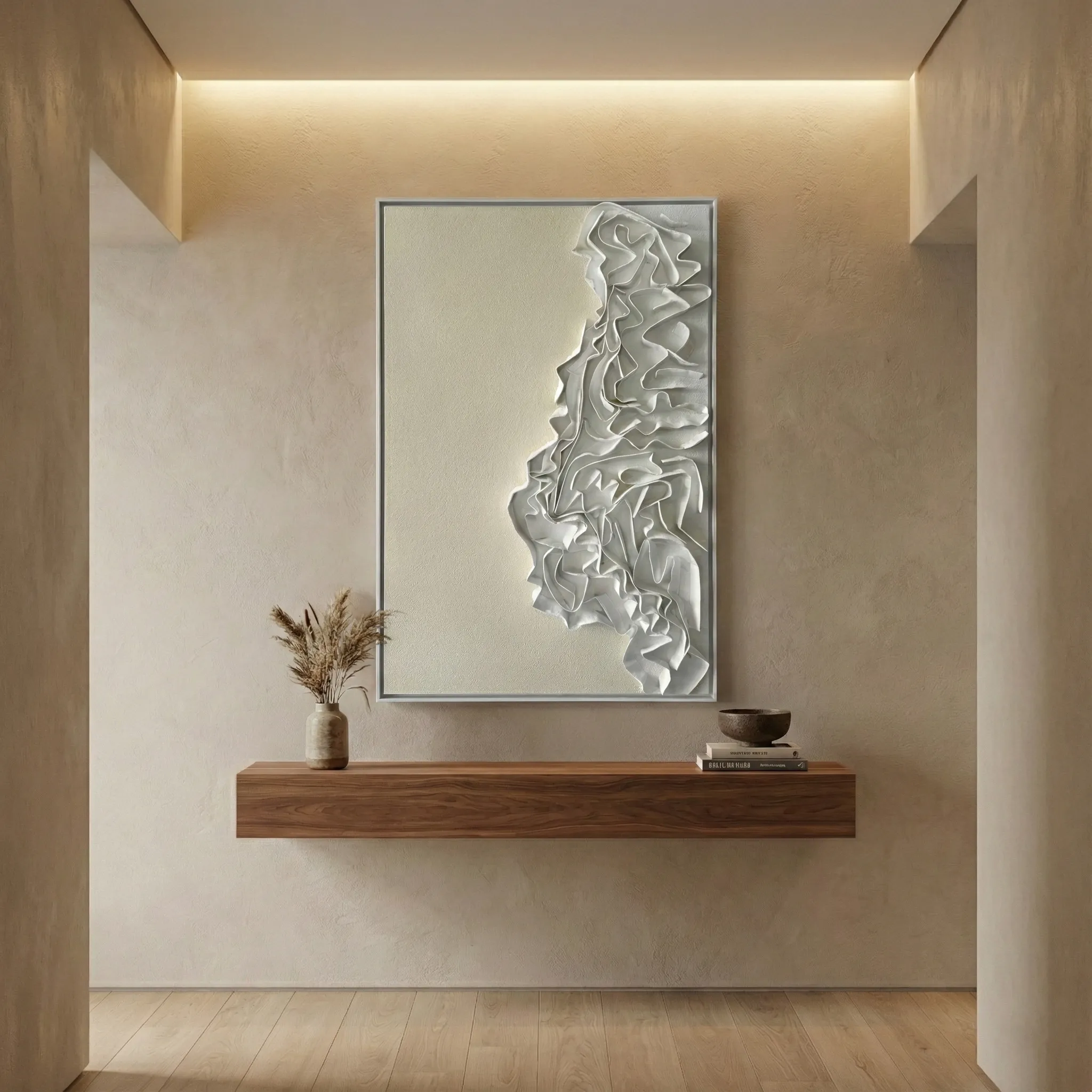 Organic Drift – Sculptural Wabi Sabi Art (5) Textured abstract hand-painted canvas with layered white relief forms and subtle grey tones, contemporary entryway