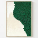 Minimalist hand-painted canvas with organic leaf silhouette in deep forest green and cream, contemporary living space