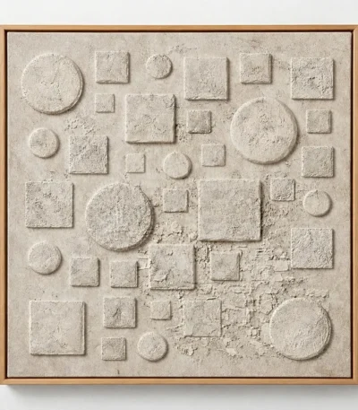 Textured abstract hand-painted canvas with embossed geometric circles and squares in cream and sand tones