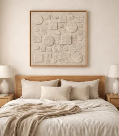 Textured abstract hand-painted canvas with dimensional geometric circles and squares in cream and sand tones, modern bedroom