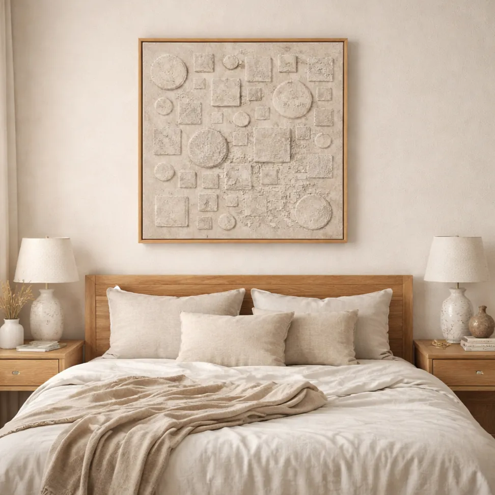 Organic Mosaic – Wabi Sabi Minimalist Wall Decor (2) Textured abstract hand-painted canvas with dimensional geometric circles and squares in cream and sand tones, modern bedroom