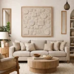 Textured abstract hand-painted canvas with dimensional circles and squares in cream and beige tones, contemporary living space