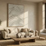 Textured abstract hand-painted canvas with layered wavy patterns in cream and natural tones, contemporary living space
