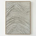 Textured abstract hand-painted canvas with layered silvery brushstrokes creating flowing organic wave patterns in monochrome tones