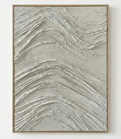 Textured abstract hand-painted canvas with layered silvery brushstrokes creating flowing organic wave patterns in monochrome tones