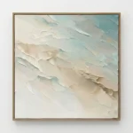 Layered abstract hand-painted canvas in soft cream, beige, and sage green with gestural brushwork and textured impasto detail