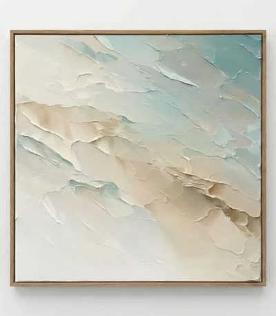 Layered abstract hand-painted canvas in soft cream, beige, and sage green with gestural brushwork and textured impasto detail