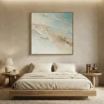 Textured abstract hand-painted canvas in soft cream, sage, and pale blue tones, modern bedroom