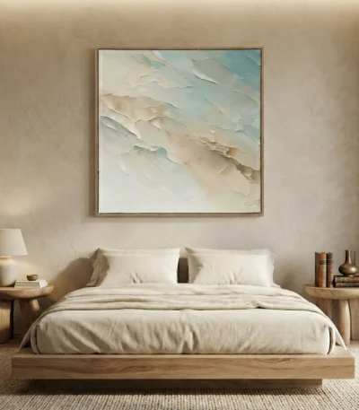 Textured abstract hand-painted canvas in soft cream, sage, and pale blue tones, modern bedroom