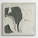 Textured abstract hand-painted canvas with gestural charcoal and cream brushstrokes, layered organic forms in monochrome palette