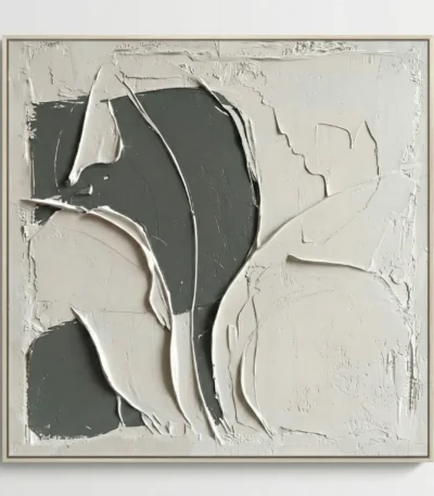 Textured abstract hand-painted canvas with gestural charcoal and cream brushstrokes, layered organic forms in monochrome palette