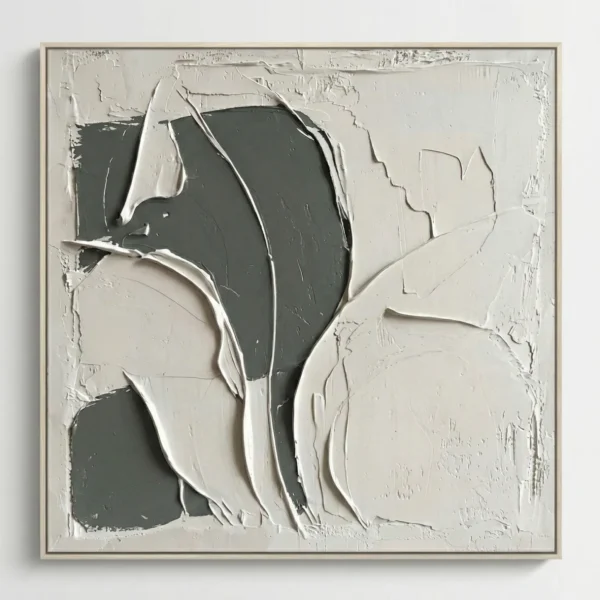 Textured abstract hand-painted canvas with gestural charcoal and cream brushstrokes, layered organic forms in monochrome palette