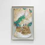 Textured hand-painted canvas depicting an owl with layered scale-like brushwork in cream, gold, green and blue tones, gallery wall