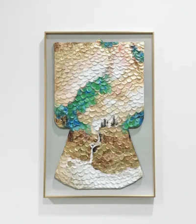 Textured hand-painted canvas depicting an owl with layered scale-like brushwork in cream, gold, green and blue tones, gallery wall