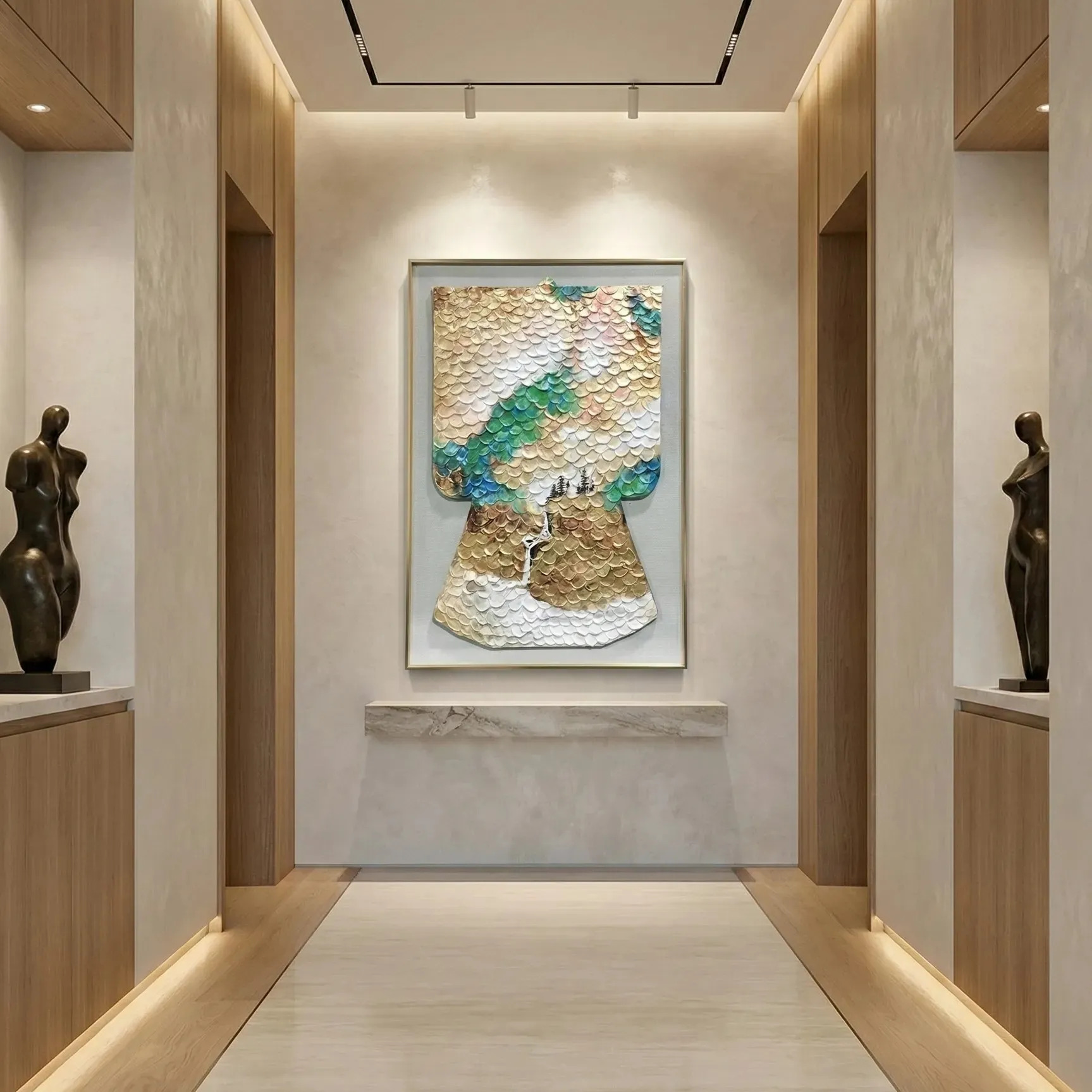 Organic Vista – Contemporary Sculptural Wall Decor (3) Textured abstract hand-painted canvas depicting layered mountain landscape in cream, gold, and teal tones, gallery hallway setting