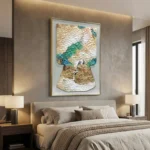 Textured hand-painted canvas depicting layered landscape with scaled patterns in cream, gold, and teal tones, modern bedroom
