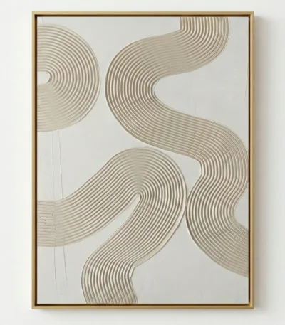 Minimalist hand-painted canvas with flowing organic lines in warm neutral tones, contemporary living space