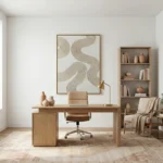Minimalist abstract hand-painted canvas with flowing organic lines in warm beige and taupe tones, contemporary office space
