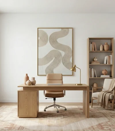 Minimalist abstract hand-painted canvas with flowing organic lines in warm beige and taupe tones, contemporary office space