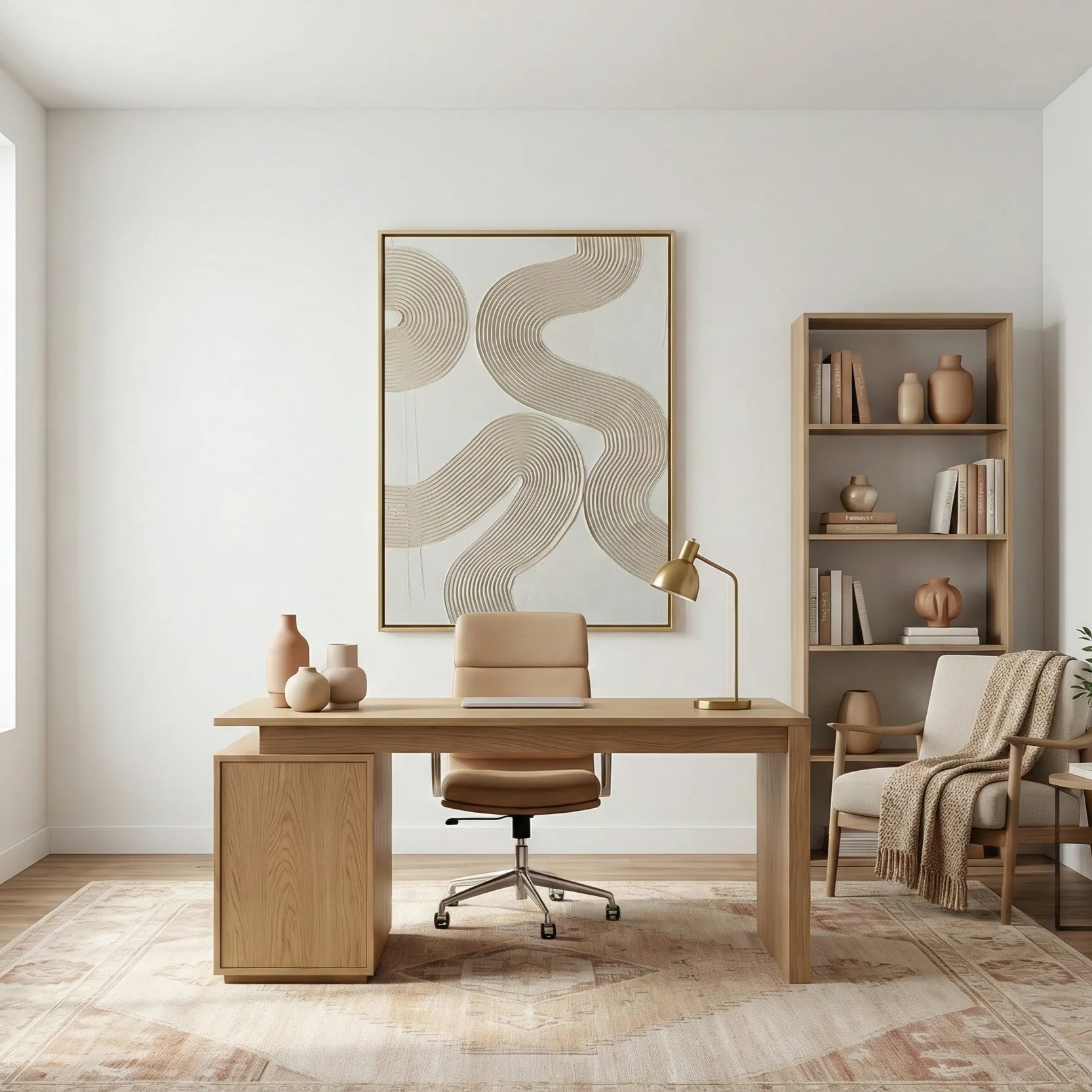 Organic Wave Harmony – Contemporary Neutral Abstract Wall Art (2) Minimalist abstract hand-painted canvas with flowing organic lines in warm beige and taupe tones, contemporary office space