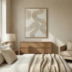 Minimalist abstract hand-painted canvas with flowing organic lines in warm beige and cream tones, contemporary bedroom