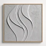 Textured abstract hand-painted canvas with organic curved forms in monochrome white and grey tones