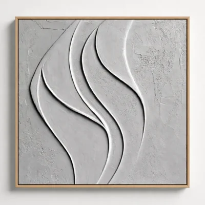 Textured abstract hand-painted canvas with organic curved forms in monochrome white and grey tones