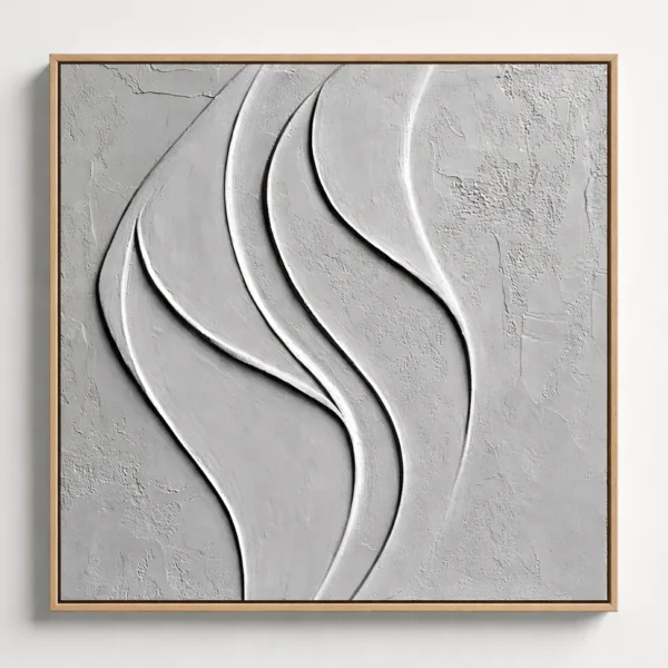 Textured abstract hand-painted canvas with organic curved forms in monochrome white and grey tones
