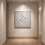 Textured abstract hand-painted canvas with flowing curved lines in monochrome white and grey, contemporary gallery space