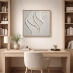 Textured abstract hand-painted canvas with layered cream and white curved brushstrokes, contemporary study space