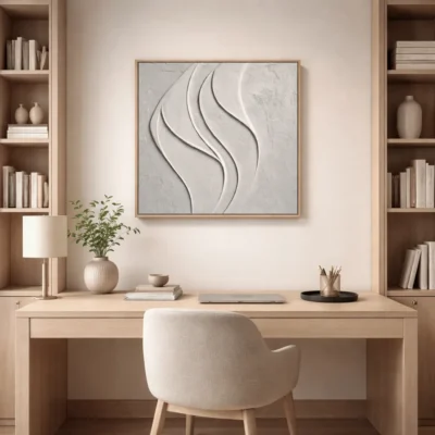 Textured abstract hand-painted canvas with layered cream and white curved brushstrokes, contemporary study space