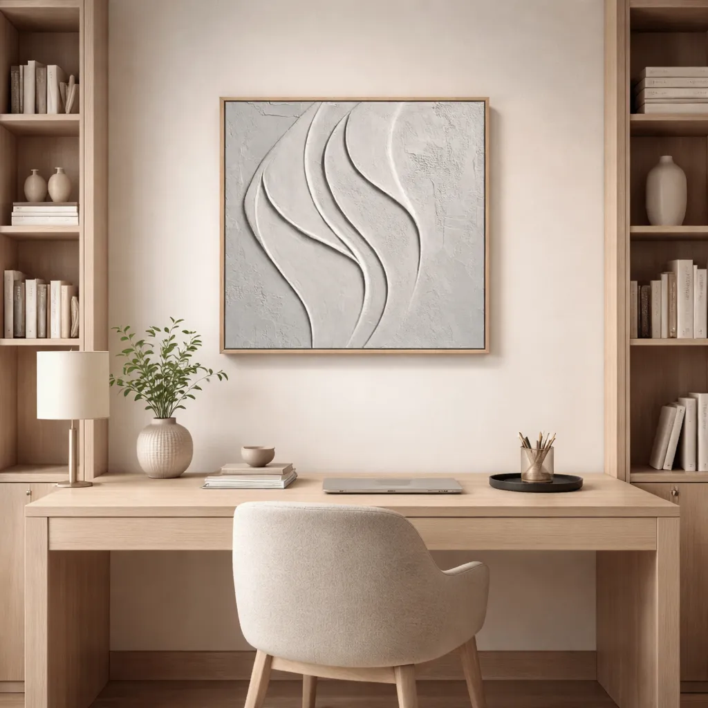 Pebble Gray Undulation Deep organic plaster waves minimal wall art (3) Textured abstract hand-painted canvas with layered cream and white curved brushstrokes, contemporary study space