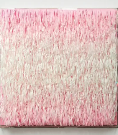 Textured abstract hand-painted canvas in layered pink and ivory brushstrokes, contemporary wall art