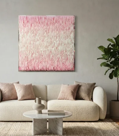 Textured abstract hand-painted canvas with gradient pink to cream brushstrokes, contemporary living space