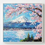 Impressionist hand-painted canvas of snow-capped Mount Fuji framed by cherry blossoms in pink and white, serene lake landscape in cool blues and greens