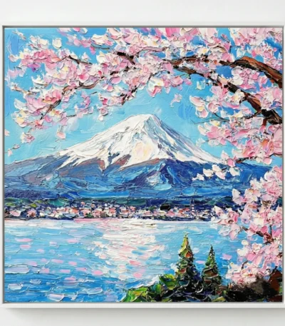 Impressionist hand-painted canvas of snow-capped Mount Fuji framed by cherry blossoms in pink and white, serene lake landscape in cool blues and greens