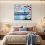 Impressionist hand-painted canvas depicting Mount Fuji with cherry blossoms, serene lake, and snow-capped peak in pink, blue, and white tones, modern bedroom