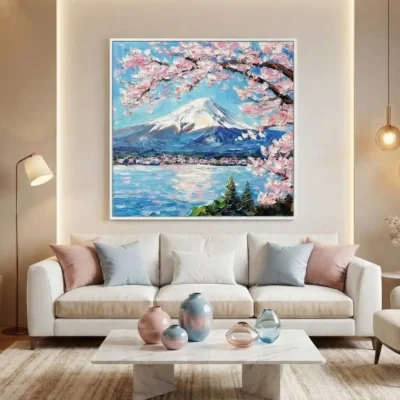 Impressionist hand-painted canvas depicting snow-capped Mount Fuji with cherry blossoms, serene lake, and blue-toned palette, contemporary living space
