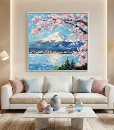 Impressionist hand-painted canvas depicting snow-capped Mount Fuji with cherry blossoms, serene lake, and blue-toned palette, contemporary living space