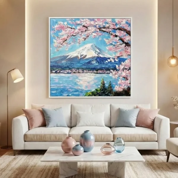 Impressionist hand-painted canvas depicting snow-capped Mount Fuji with cherry blossoms, serene lake, and blue-toned palette, contemporary living space