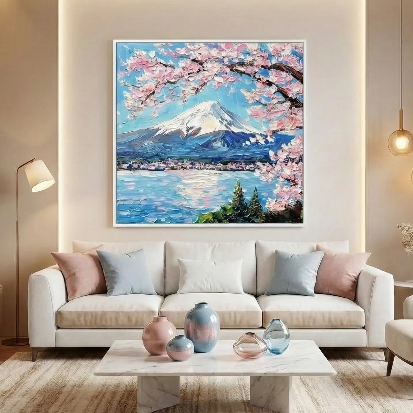 Pink Blossom Peak Pink cherry blossoms over mountain color wall art (3) Impressionist hand-painted canvas depicting snow-capped Mount Fuji with cherry blossoms, serene lake, and blue-toned palette, contemporary living space