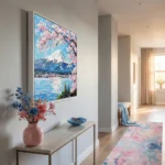 Textured impressionist hand-painted canvas depicting Mount Fuji with cherry blossoms, serene lake, and snow-capped peak in pink and blue tones, modern hallway