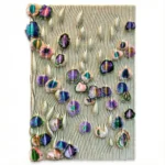 Textured contemporary hand-painted canvas with dimensional fabric eye motifs in vibrant purples, teals, and pastels against cream linear background