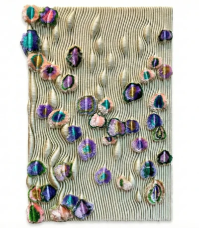 Textured contemporary hand-painted canvas with dimensional fabric eye motifs in vibrant purples, teals, and pastels against cream linear background