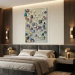 Textured abstract hand-painted canvas with iridescent circular forms and undulating wave patterns in jewel tones, modern bedroom