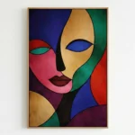 Contemporary figurative hand-painted canvas with bold geometric color blocking and stylized face portrait, vibrant jewel tones