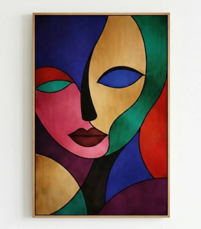 Contemporary figurative hand-painted canvas with bold geometric color blocking and stylized face portrait, vibrant jewel tones